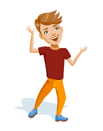 Llittle cheerful boy with blonde hair in bright clothes. European child laughs dance and plays an active game. He is wearing yellow pants and red t-shirt. Colorful illustration for Children's Dayのイラスト素材