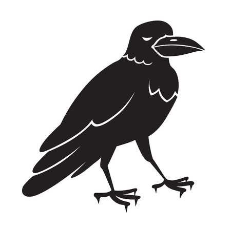 Halloween cartoon raven character. All Saints' Eve black vector illustration for emblem or logo badge banner poster or t-shirt on a white background. Aggressive birdのイラスト素材