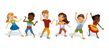 Playing little kids set. Llittle cheerful boys and girls different races and ethnic groups in bright clothes. Children laughs dance and plays an active game. Colorful illustration for Children's Dayのイラスト素材