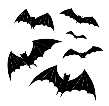 Halloween cartoon bats flying. All Saints' Eve black vector illustration for emblem or logo badge banner poster or t-shirt on a white background. A flock of scary night animalsのイラスト素材