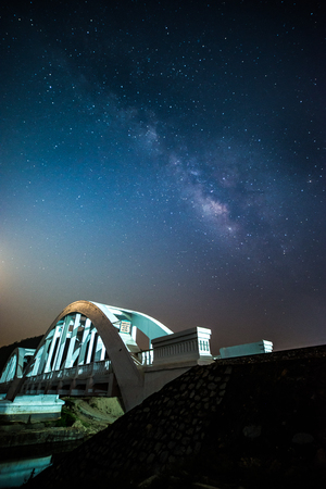 Milky way with railway bridgeの写真素材