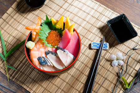 Sashimi is thinly sliced, raw food. It is one of the most famous dishes in the Japanese cuisine.の写真素材