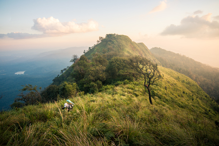 The tourist trekking trails on mountain and enjoy viewの写真素材