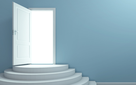 Up the stairs and open the door in empty roomの写真素材