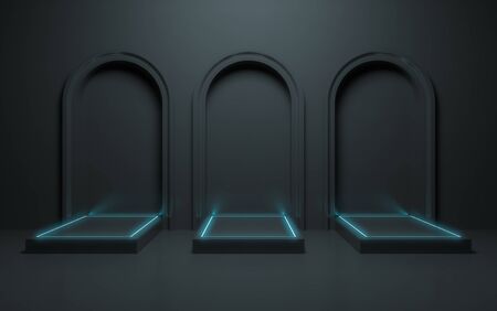 Scene with minimal background, arch with a podium, 3d renderの写真素材