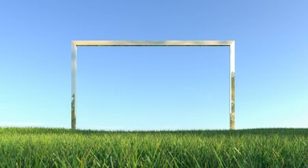 Green grass with frame and blue sky background. 3d renderingの写真素材