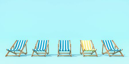 Beach umbrella with chairs on pastel colors background. Minimalism concept. 3d renderingの写真素材