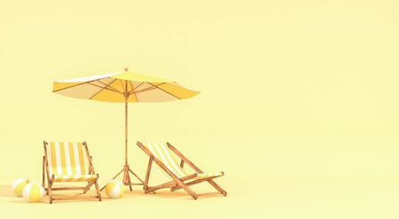 Beach umbrella with chairs on pastel colors background. Minimalism concept. 3d renderingの写真素材