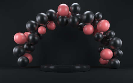 Black and pink balloon in a white interior around a white podium. 3d renderの写真素材