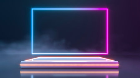 Empty podium for poduct display with smoke and neon light background. 3d renderingの写真素材