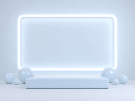 Empty podium for products display and neon light frame background. 3d renderingの写真素材
