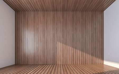 Blank wooden wall on wooden floor and ceiling. 3d renderingの写真素材