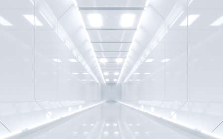 Sci-fi spaceship corridor white color design. 3D renderingの写真素材