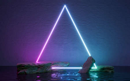 Neon frame sign in the shape with rocks and reflection in the water. 3d rendering