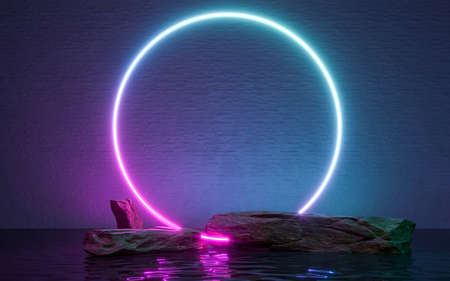 Neon frame sign in the shape with rocks and reflection in the water. 3d renderingの写真素材