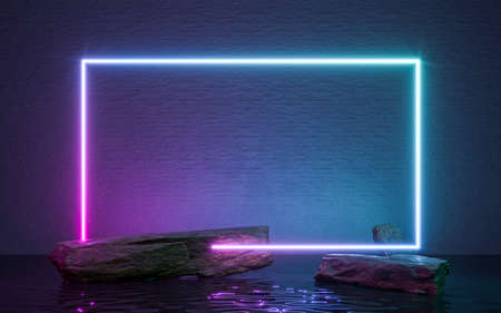 Neon frame sign in the shape with rocks and reflection in the water. 3d renderingの写真素材