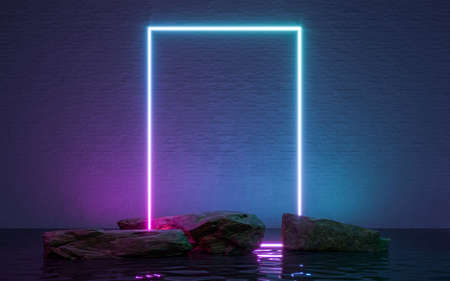 Neon frame sign in the shape with rocks and reflection in the water. 3d renderingの写真素材