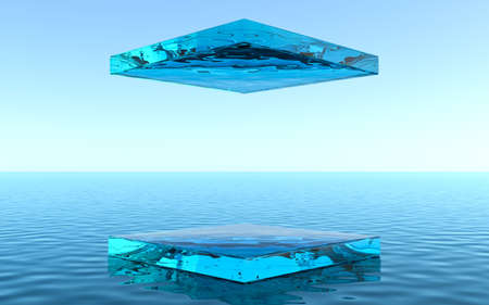 Water pedestal for product display, liquid floor with reflection in the water. 3d rendering