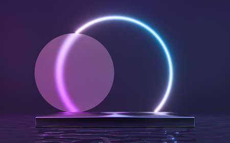 Neon frame sign in the shape with podium and reflection in the water. 3d rendering