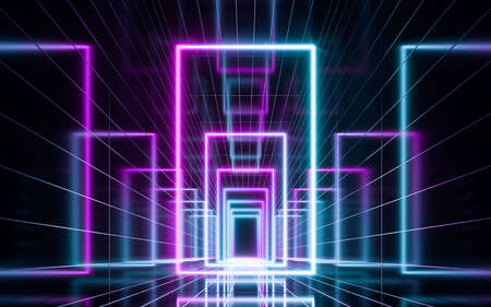 Futuristic corridor with neon lights. 3d renderingの写真素材