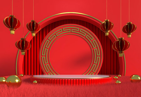 Mock up podium for product presentation Chinese new year, Chinese Festivals. 3d renderingの写真素材