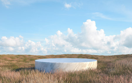 3D Rendering of marble podium backdrop with grass field and sky background.