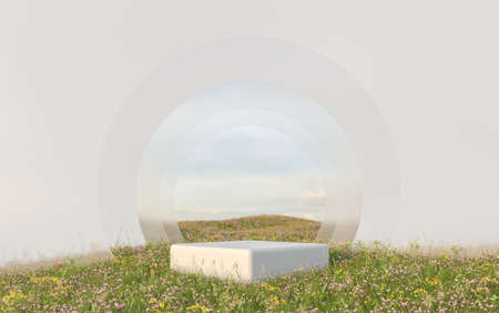 Abstract natural field scene with podium for product display and frosted glass background. 3d renderingの写真素材