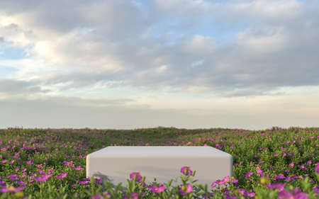 Abstract flower field scene with podium for product display background. 3d renderingの写真素材
