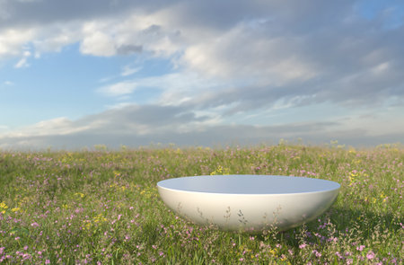 Abstract natural field scene with podium for product display and frosted glass background. 3d...