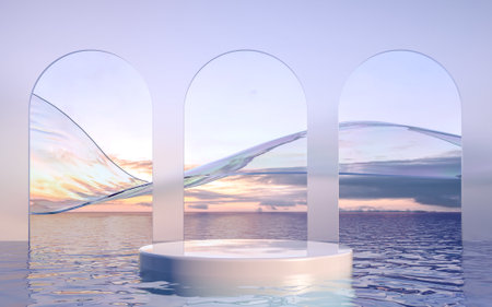 3d render podium on water with glass wall. Minimal landscape mockup for product showcase banner, social media banners, promotion, cosmetic product show.の写真素材