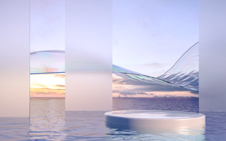 3d render podium on water with glass wall. Minimal landscape mockup for product showcase banner,...