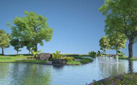 Garden design with sky blue for background. 3d renderingの写真素材