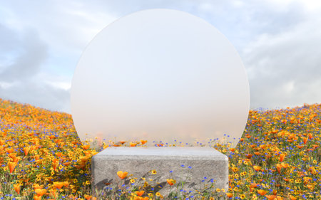 Abstract natural field scene with podium for product display and frosted glass background.
