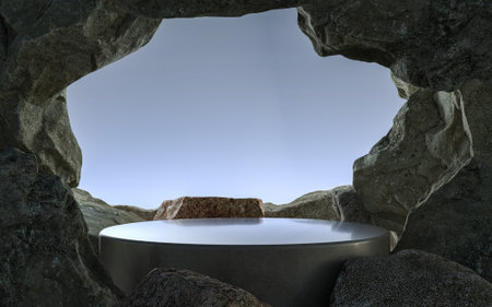 Podium for display product with stone shape background.  3d renderingの写真素材