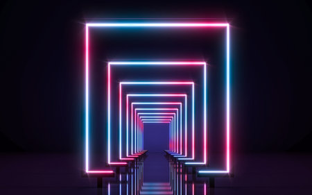Futuristic Sci Fi Neon Tube Lights Glowing. Abstract Fluorescent Background. 3d Renderingの写真素材