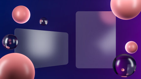 3D geometric glassmorphism banner template background. Transparent square made of clear glass with...