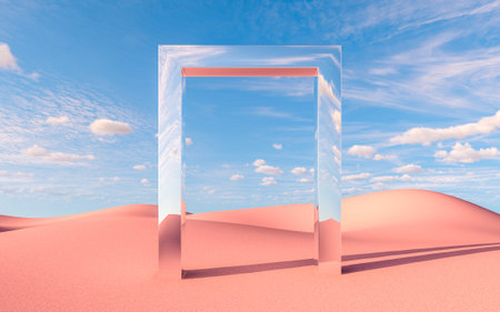 A geometric rectangular mirror frame reflects the desert landscape and clouds, blending seamlessly...