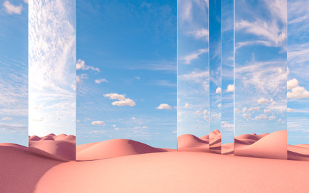 Several vertical mirror panels stand side by side in the desert, reflecting clouds and sunlight,...
