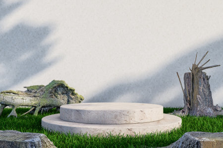 Outdoor Stone Podium with Tree Stumps and Mossy Roots. 3d renderingの写真素材