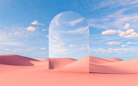 An arched mirror rises from the pink desert sand, reflecting clouds and sky, creating a futuristic illusion of a gateway in a dreamlike setting. 3d renderingの写真素材