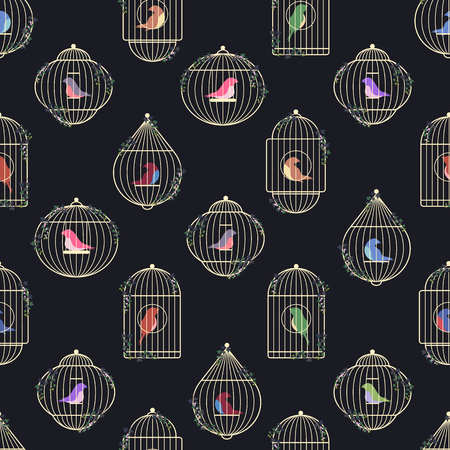 Vector pattern of colored birds of prisoners in golden cages. The rods of bird cages are entwined with ivy.のイラスト素材