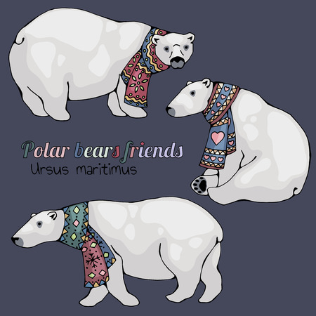 Cartoon polar bears in cute colorful scarves. Vector images of northern mammals. Ursus maritimus.のイラスト素材