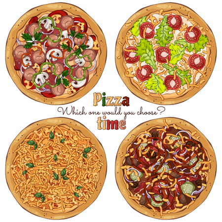 Group of vector colorful illustrations on the pizza theme; several kinds of pizzas, cooked according to different recipes. Pictures contain realistic shadows and glare.のイラスト素材