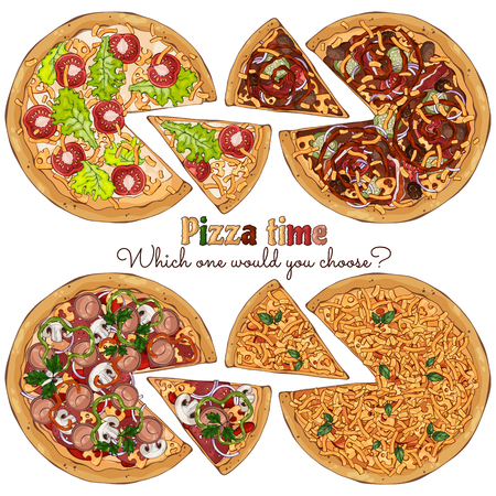 Group of vector colorful illustrations on the pizza theme; several kinds of pizzas from different recipes. Pictures contain realistic shadows and glare.のイラスト素材