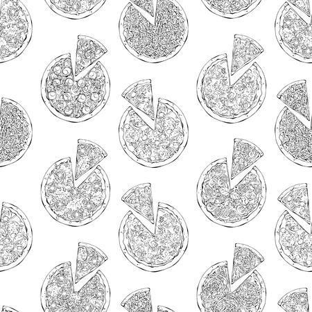 Pattern of vector illustrations on the pizza theme; several kinds of pizzas, cooked according to different recipes. Pictures are depicted as dark sketches on a transparent background.のイラスト素材