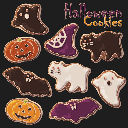 Group of vector colorful illustrations on the Halloween sweets theme; set of different kinds of Halloween cookies. Pictures contain realistic shadows and glare.のイラスト素材