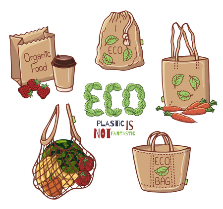 Group of vector colorful illustrations on the environmental protection theme. No plastic. Zero waste. Eco lifestyle. Isolated objects for your design.のイラスト素材