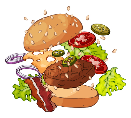Vector colorful illustrations on the burgers theme. Pictures contain realistic shadows and glare. Isolated objects for your design.のイラスト素材