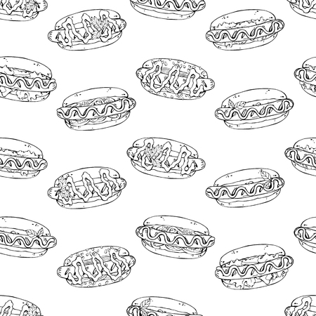 Pattern of vector illustrations on the fast food theme; set of different kinds of hotdogs. Isolated objects for your design.のイラスト素材
