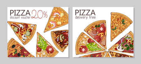 Vector colorful illustrations on the pizza theme; pizzas from different recipes. Template for advertising products. Discount vouchers. Cards for your design.のイラスト素材